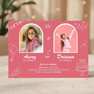 Pink Double Birthday Joint Girls Party Invitation