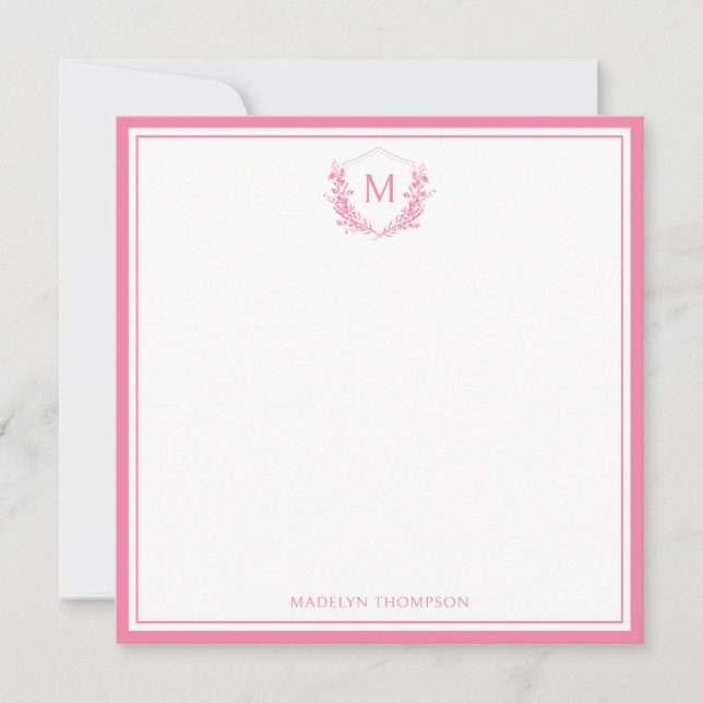 Pink Double Border Floral Crest Monogram Sqaure Card (Front)