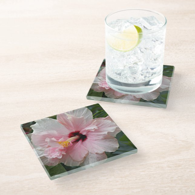 Pink Double Hibiscus Floral Glass Coaster (Angled)