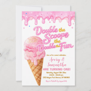 Pink Double the Scoops Birthday Glitter Sparkle Invitation