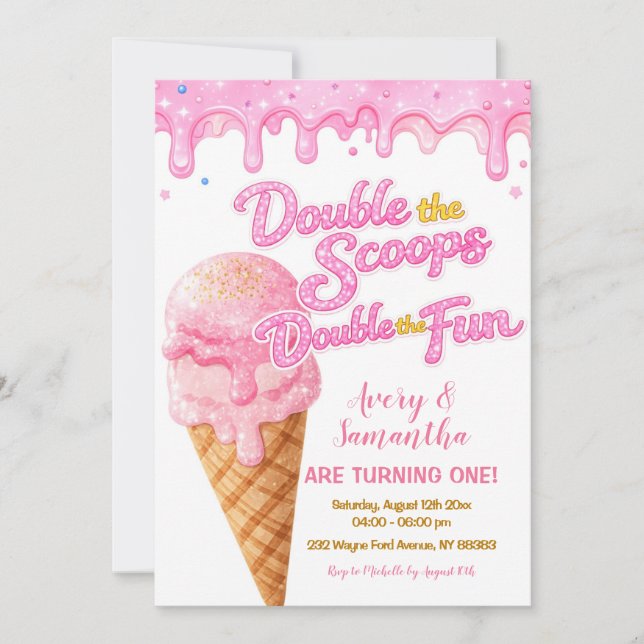 Pink Double the Scoops Birthday Glitter Sparkle Invitation (Front)