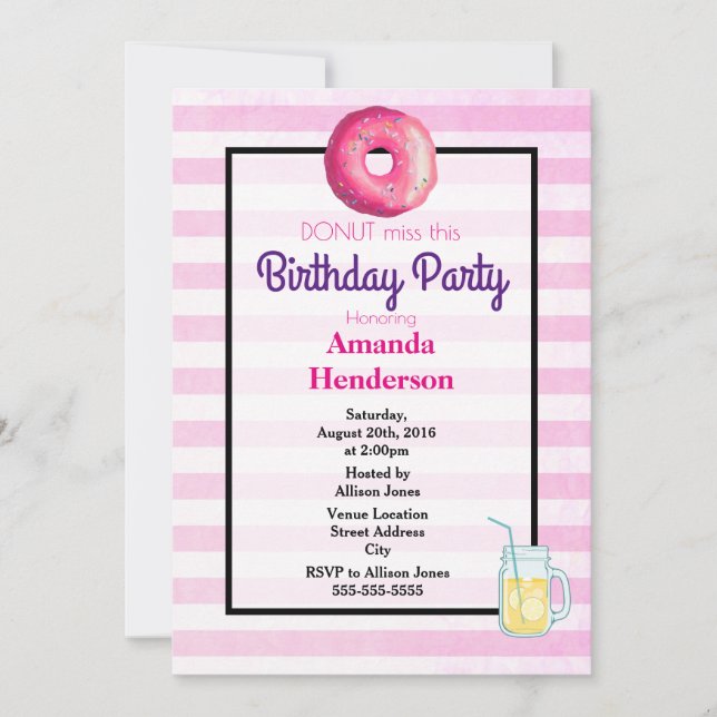 Pink Doughnut And Lemonade Fancy Birthday Invite (Front)