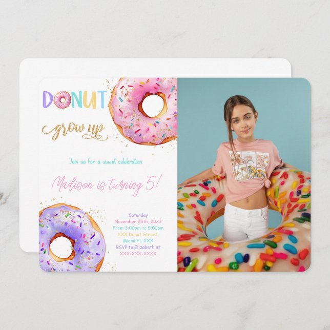 Pink Doughnut Birthday Party Photo Invitation (Front/Back)