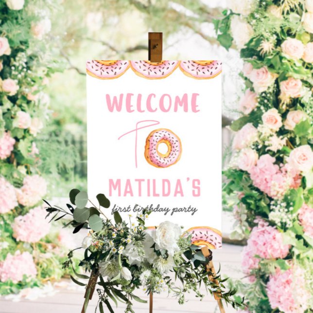 Pink doughnut birthday party welcome sign (Creator Uploaded)