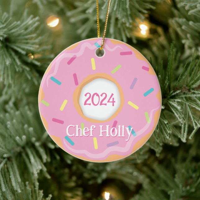 Pink Doughnut Chef, Cook or Baker Christmas Ceramic Ornament (Tree)
