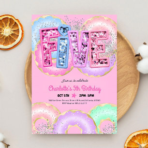 Pink Doughnut Sequin Glitter 5th Birthday Invitation