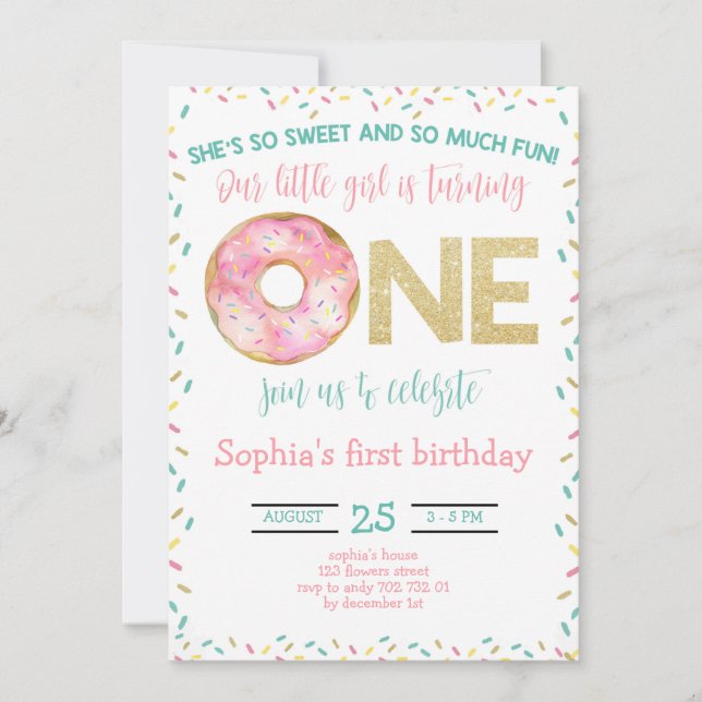 Pink Doughnut Watercolor Girl 1st Birthday Invitation