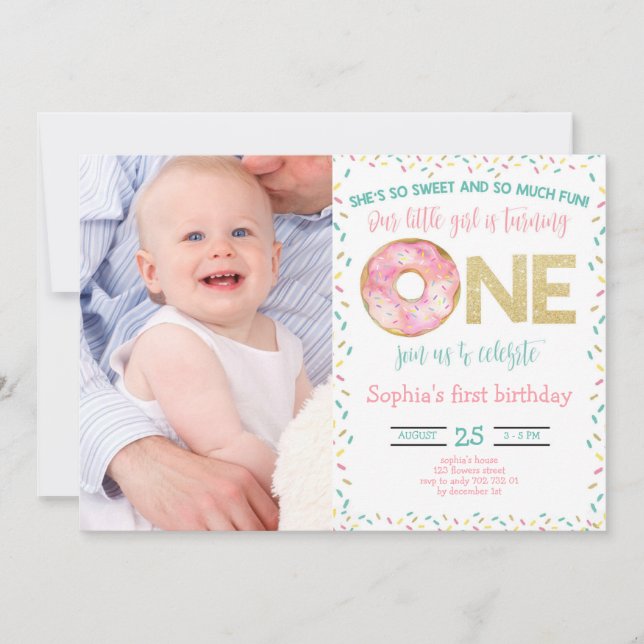Pink Doughnut Watercolor Girl 1st Birthday with Ph Invitation (Front)