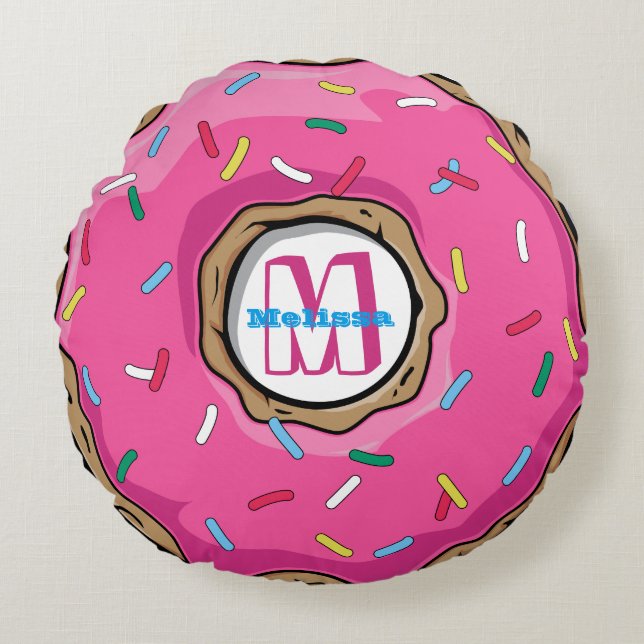Pink Doughnut with Sprinkles Monogrammed Round Pillow (Front)