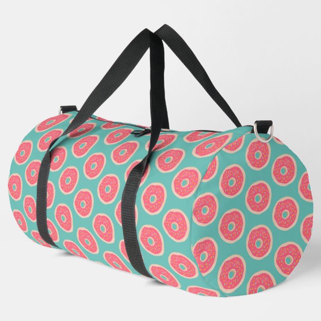 Pink Doughnut with Sprinkles Pattern on Aqua Blue Duffle Bag (Left Corner)