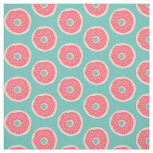 Pink Doughnut with Sprinkles Pattern on Aqua Blue Fabric