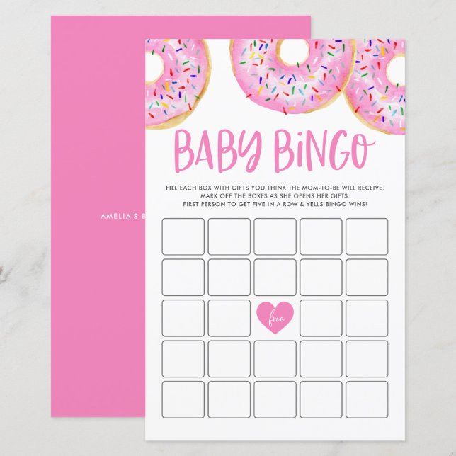 Pink Doughnuts Baby Shower Bingo Game Card (Front/Back)