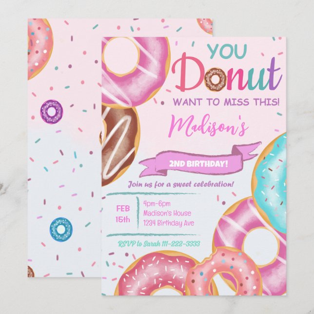 Pink Doughnuts Birthday Invitation (Front/Back)