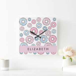 Pink Doughnuts, Blue Doughnuts, Sprinkles, Your Na Square Wall Clock