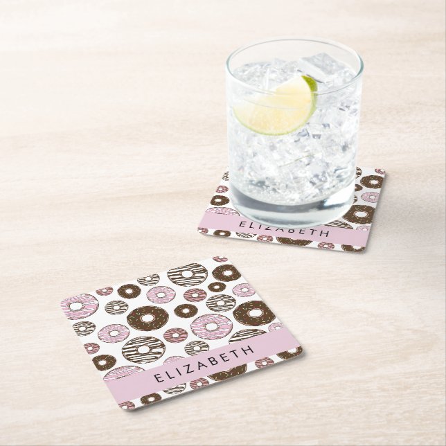 Pink Doughnuts, Brown Doughnuts, Sprinkles, Your N Square Paper Coaster (Insitu)
