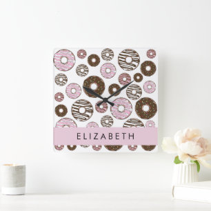 Pink Doughnuts, Brown Doughnuts, Sprinkles, Your N Square Wall Clock