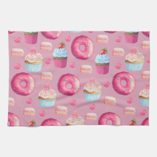 Pink Doughnuts, Cupcakes, and Candies Kitchen Towel