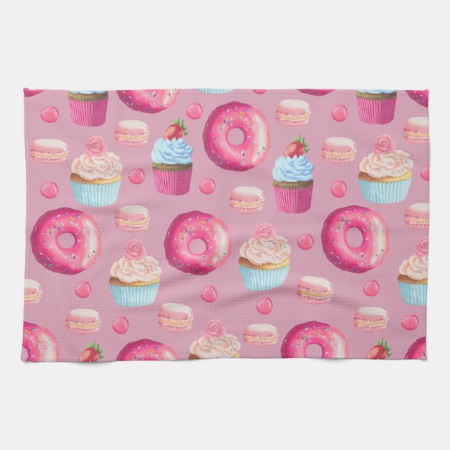 Pink Doughnuts, Cupcakes, and Candies Kitchen Towel (Horizontal)