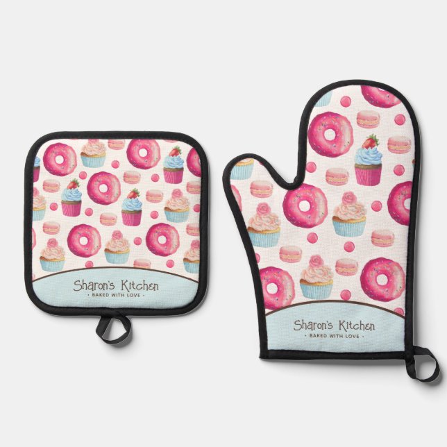 Pink Doughnuts Cupcakes Macarons Personalized  Oven Mitt & Pot Holder Set (Front)