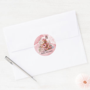 Pink Doughnuts & Floral Butterfly Girl Baby Shower Classic Round Sticker