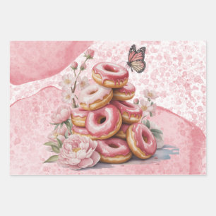 Pink Doughnuts & Floral Butterfly Girl Baby Shower Wrapping Paper Sheet