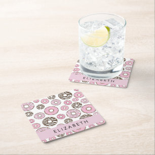 Pink Doughnuts, White Doughnuts, Sprinkles, Your N Square Paper Coaster