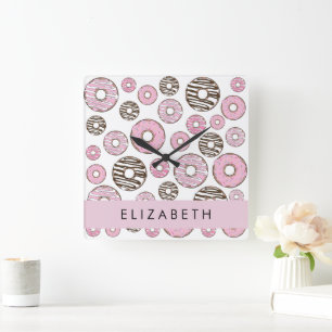 Pink Doughnuts, White Doughnuts, Sprinkles, Your N Square Wall Clock