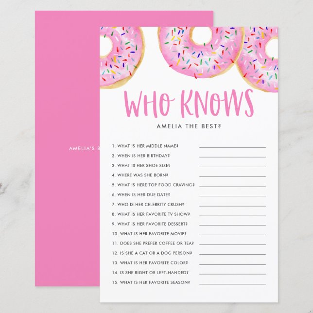 Pink Doughnuts Who Knows Mom Best Baby Shower Game (Front/Back)