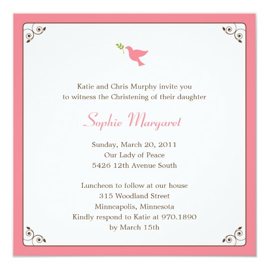 Pink Dove Baptism/Christening Invitation