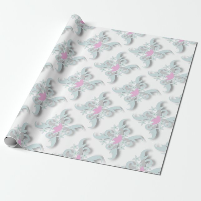 Pink Dove with Silver Flowers and Fronds Wrapping Paper (Unrolled)