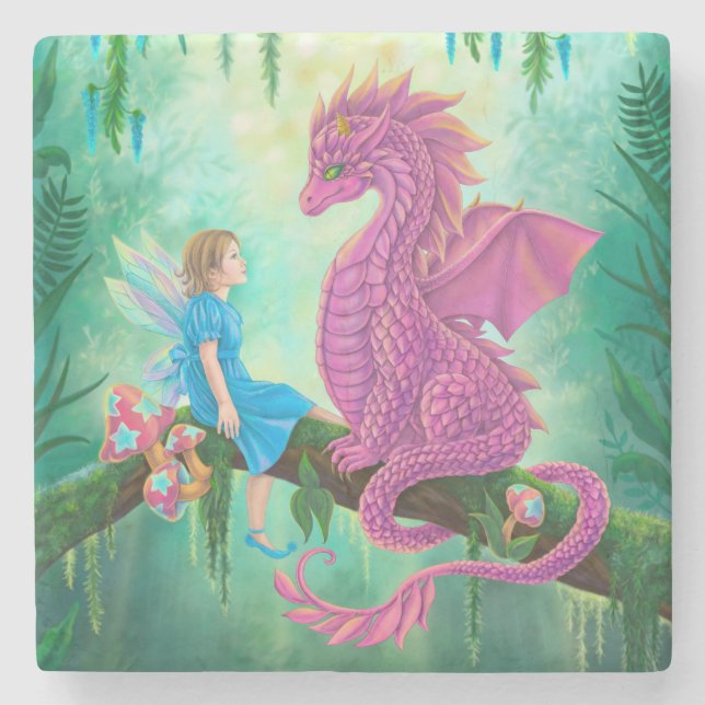 Pink Dragon and fairy Stone Coaster (Front)
