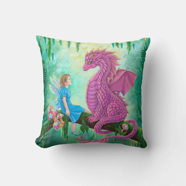 Pink Dragon and fairy Throw Pillow (Front)