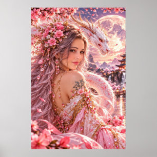 Pink Dragon Lady Cherry Blossom Fantasy Art Poster
