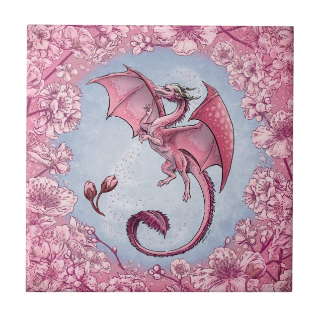 Pink Dragon of Spring Nature Fantasy Art Tile (Front)