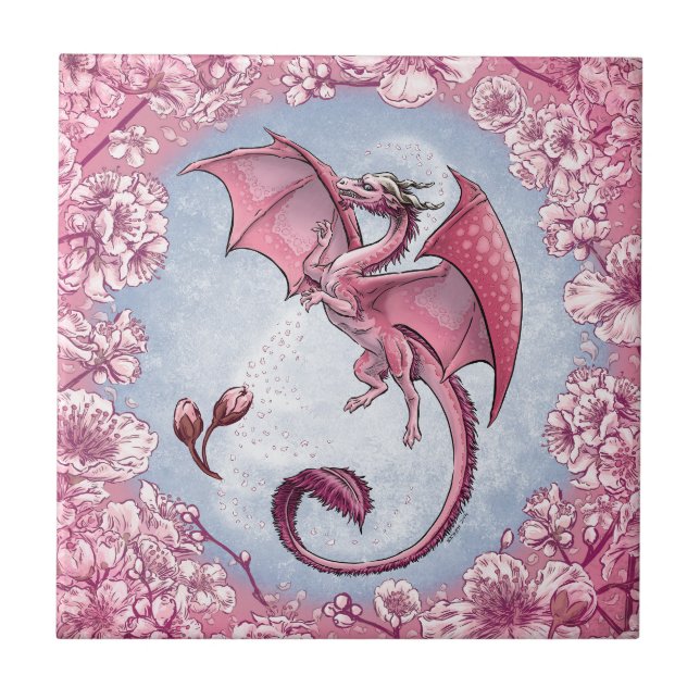 Pink Dragon of Spring Nature Fantasy Art Tile (Front)