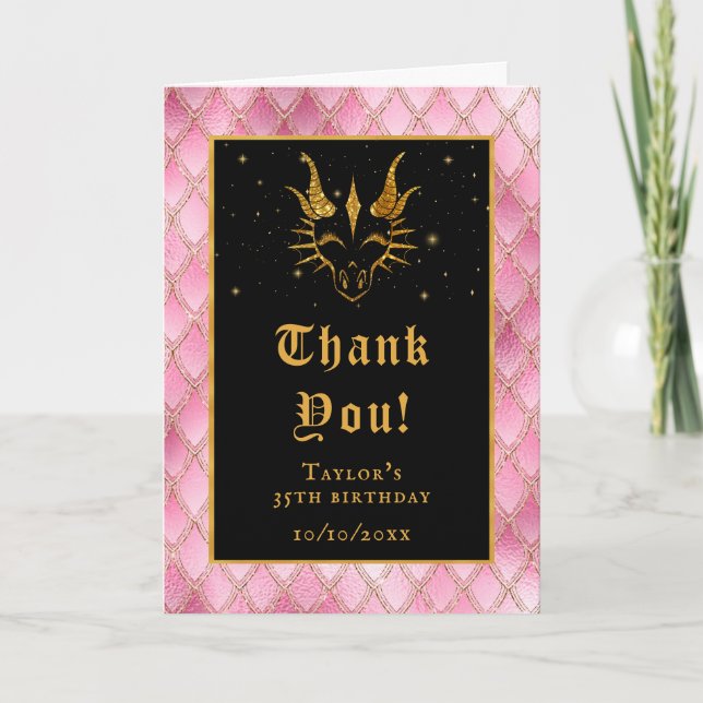 Pink Dragon Scales Gold Faux Glitter Birthday Thank You Card (Front)