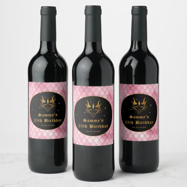 Pink Dragon Scales Gold Faux Glitter Birthday Wine Label (Bottles)