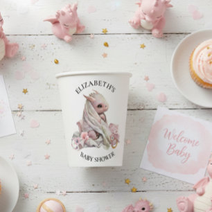 Pink Dragon Watercolor Baby Shower Paper Cups