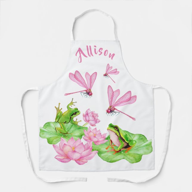 Pink Dragonflies and Green Frog Personalized Apron (Front)