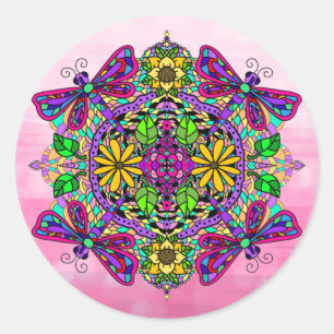 Pink Dragonfly and Flowers Mandala Hand Drawn Art Classic Round Sticker