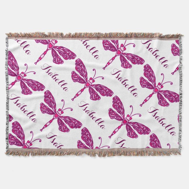Pink dragonfly art pattern name throw (Front)