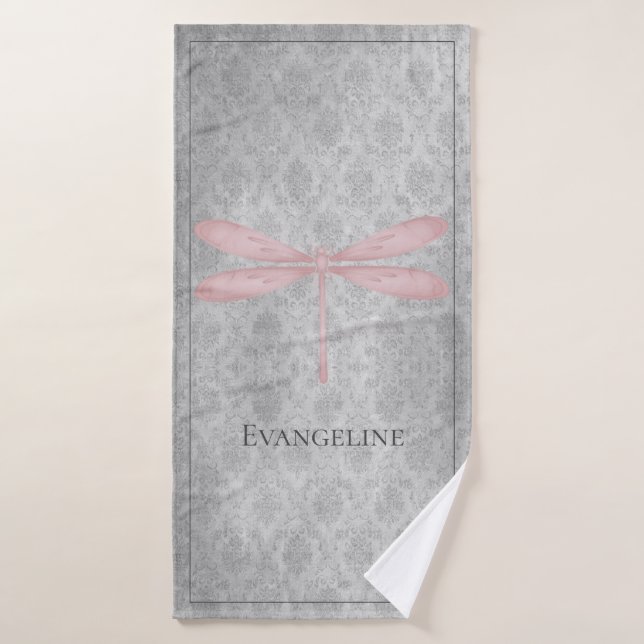 Pink Dragonfly Damask Bath Towel Set (Bath Towel)