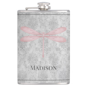 Pink Dragonfly Damask Flask