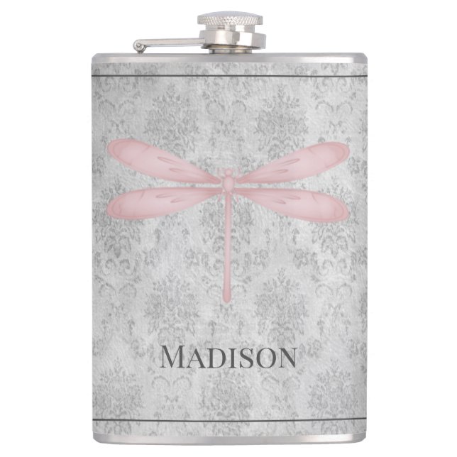 Pink Dragonfly Damask Flask (Front)