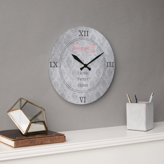 Pink Dragonfly Damask Large Clock (Office)
