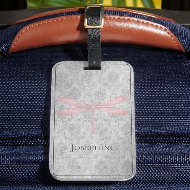 Pink Dragonfly Damask Luggage Tag (Front Insitu 2)