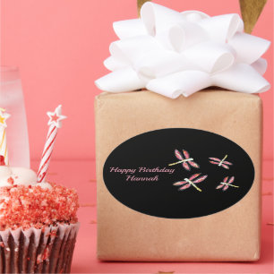 Pink Dragonfly Decorative Birthday Oval Sticker