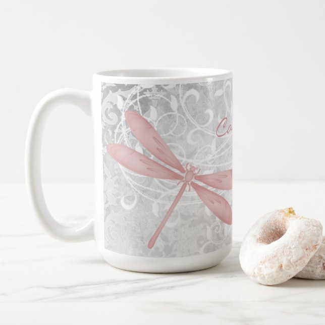 Pink Dragonfly Personalized Coffee Mug (With Donut)