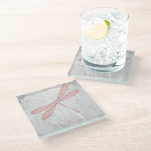Pink Dragonfly Personalized Glass Coaster