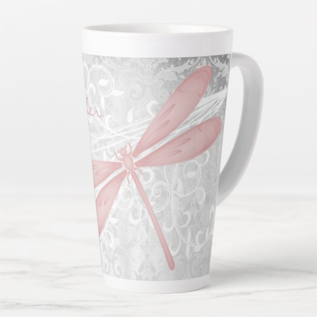 Pink Dragonfly Personalized Latte Mug (Right Angle)